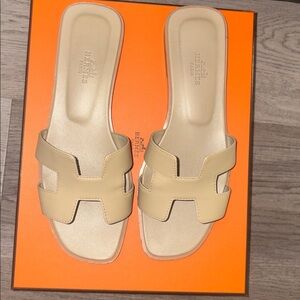 Hermes Beige Leather H Slide Sandals